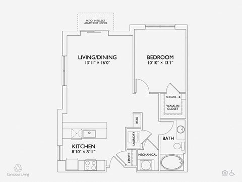 Floor plan for 1 bed, 1 bath, 788 sqft
